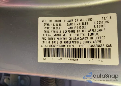 2017 Honda Accord Sport z USA, uszkodzony, nr VIN 1HGCR2F56HA113878